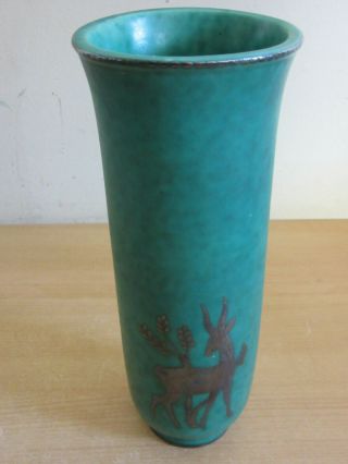 Vintage Gustavsberg Argenta,  Sweden Green Art Pottery 9.  75 " Vase Silver Antelope