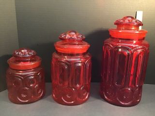 Vtg L.  E.  Smith Moon And Stars Amberina Red Glass Canister Set Of 3