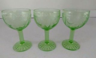 3 Green Cameo Dancing Girl Depression Glass Small Wine Goblets Approx.  4 " H