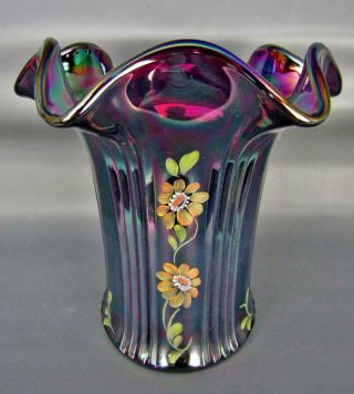 Fenton Golden Daisy Gorgeous Amethyst Carnival Glass Hand - Painted 6 " Vase 6247