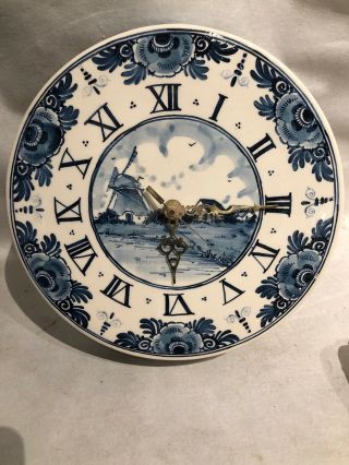 Vintage Delft Blue Porcelain Ceramic Wall Clock Holland Hand Painted Wind Mill
