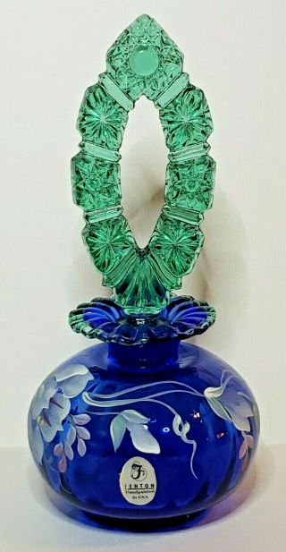 Fenton Art Glass,  Royal Blue And Green,  Perfume Bottle With Stopper,  Signed