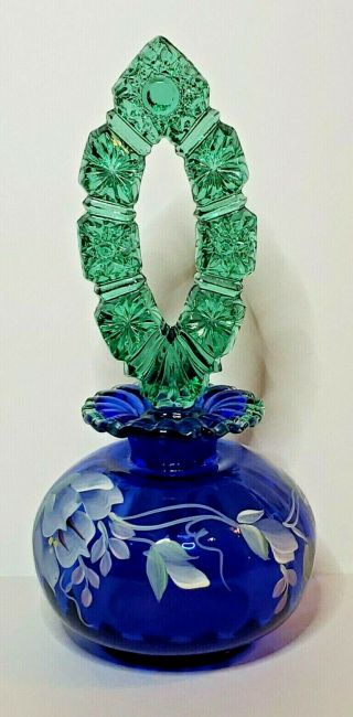 FENTON ART GLASS,  ROYAL BLUE AND GREEN,  PERFUME BOTTLE WITH STOPPER,  SIGNED 2