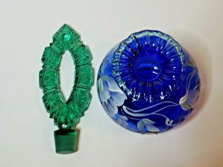 FENTON ART GLASS,  ROYAL BLUE AND GREEN,  PERFUME BOTTLE WITH STOPPER,  SIGNED 3