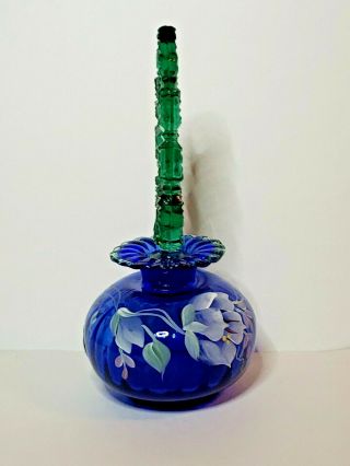 FENTON ART GLASS,  ROYAL BLUE AND GREEN,  PERFUME BOTTLE WITH STOPPER,  SIGNED 5