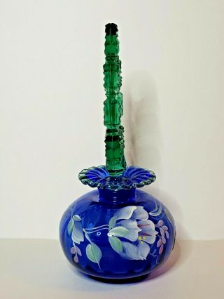 FENTON ART GLASS,  ROYAL BLUE AND GREEN,  PERFUME BOTTLE WITH STOPPER,  SIGNED 7
