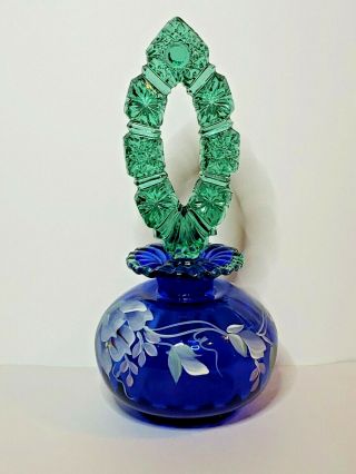 FENTON ART GLASS,  ROYAL BLUE AND GREEN,  PERFUME BOTTLE WITH STOPPER,  SIGNED 8