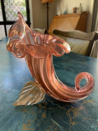 1950s Murano Cranberry Pink Cornucopia Art Glass Vase With Gold Inclusions Ex C