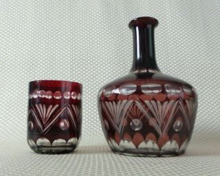 Vintage Ruby Red Cut - To - Clear Crystal Tumble Up Set Carafe & Tumbler Bedside Set
