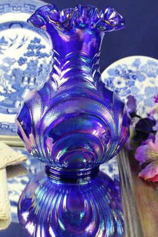 Vintage Fenton Cobalt Blue Carnival Glass Draped Vase 8 " Tall