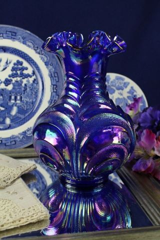 Vintage Fenton Cobalt Blue Carnival Glass Draped Vase 8 
