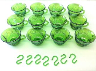 Vintage Set Fenton Green Depression Glass Punch Bowl Cups Glasses