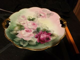 A.  K.  Limoges France Hand Painted Handled Cake Plate Large Red Pink Roses Gold