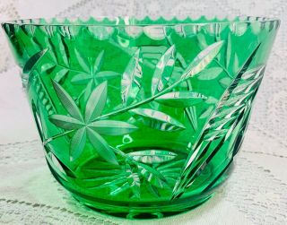 Large Vintage Bohemian Emerald Green Cut To Clear Crystal Bohemian Vase Bowl