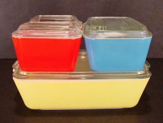 Pyrex Primary Colors 4 Refrigerator Dishes W/lids 2 - 501 502 503 Exc,  8 Pc,  Set