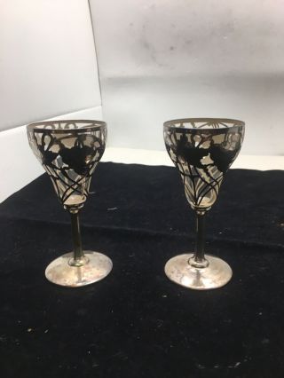 Antique Pair Heavy Sterling Silver Overlay Glass Clear Stem