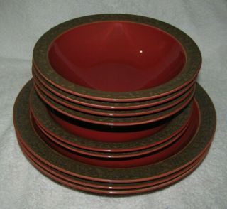 Set Of 9 Sango Rustic: Cranberry 3 Dinner,  2 Salad Plates,  & 4 Rim Soup Bowl