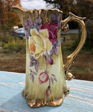 Antique Nippon Gold Hand Painted Roses Porcelain Pitcher/ewer 7”