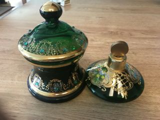 Vintage Italian Green Glass Hand Painted Jar & Bottle Gold Floral Design