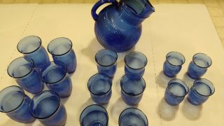 Antique Depression Glass Cobalt Blue Pitcher And 16 Glasses No Chips Fine Ribbed