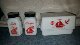 Vintage Milk Glass Mckee Red Sailboat Butter Dish And Salt & Pepper Shakers
