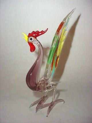 Murano Multicolored Rooster Rainbow Blown Art Glass Figurine Hen Chicken