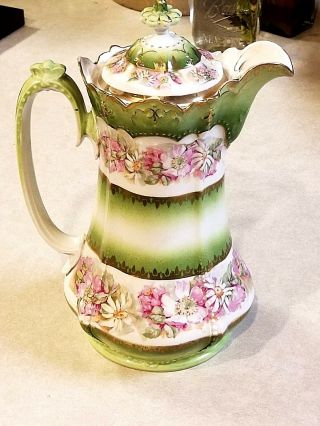 Huge M Z Austria Coffee Tea Chocolate Pot And Lid - Circa 1900 Floral & Green