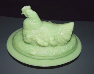 Jadeite Green Glass Hen W Chicks On Nest Covered Butter Dish 8 " Chicken M
