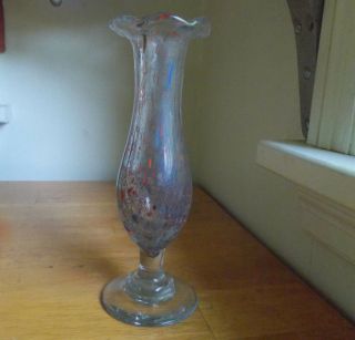 Pontiled Red White & Blue Spatter Art Glass Hand Blown Vase Ruffled Flare Rim