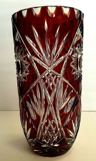 Ruby Red Cut To Clear Bohemian 10 " Crystal Vase