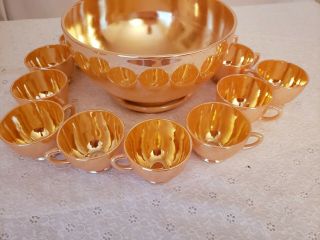 14pc.  Vintage Peach Lustre Ware/milk Glass Punch Bowl Wi/stand &set Of 12 Cups