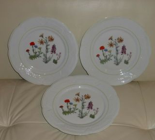 Louis Lourioux Porcelain Limoges Set Of 3 Wildflower Dinner Plates