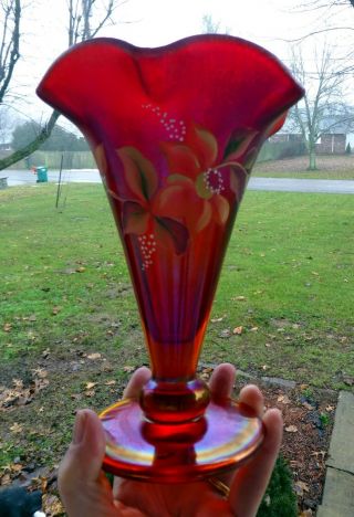 $115 Sticker Fenton Art Stretch Glass Vase Ruby Red Hand Painted