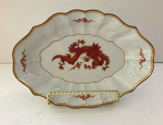 Red Dragon Meissen 10 1/4 " Oblong Shallow Serving Bowl Dish W/gold Detailing