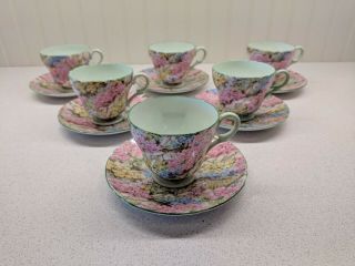 Set Of 6 Vintage Shelley " Rock Garden " Chintz Teacups And Saucers