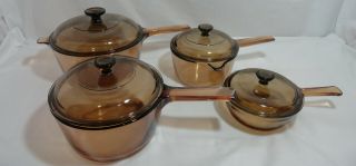 Vision Ware Corning 8 Pc Amber Pots Saucepans 2.  5 1.  5 1.  5 With Lids