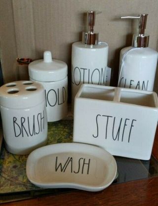 Rae Dunn Bathroom Set -,  Hold,  Wash,  Lotion,  Stuff,  Brush
