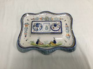 Antique Signed Henriot Quimper Hand Painted Porcelain Double Inkwell
