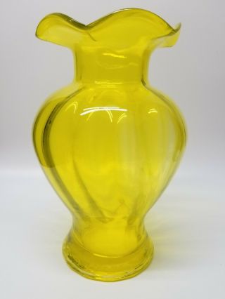 Large Vintage Uranium Art Glass Canary Yellow Spiral Optic Ruffle Edge Vase -