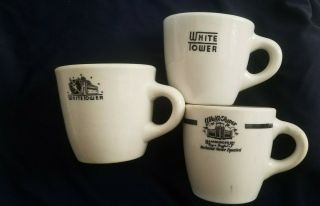 Three {3} 5¢ Hamburgers Coffee Cups,  Mugs,  " White Tower ",  All In