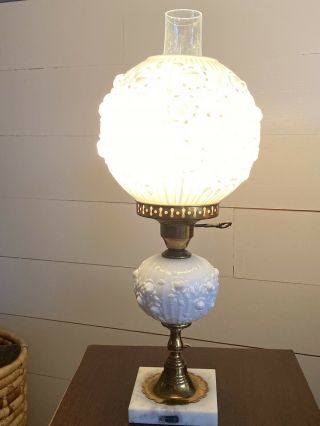 Vintage Fenton White Milk Glass Cabbage Rose Motif Globe Hurricane Electric Lamp