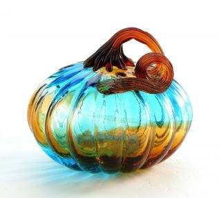 5 " Hand Blown Art Glass Pumpkin Sculpture Figurine Fall Blue Amber