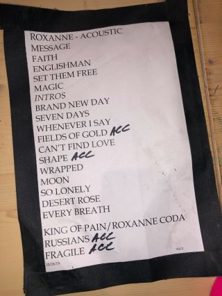 Very Rare Sting (police) On Stage Setlist 10/26/2019,  France W/notes