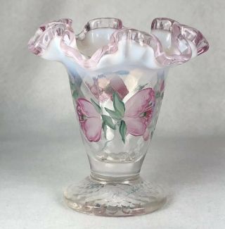 Vintage Fenton Hand Painted Vase Pink Crest Opalescent Diamond Signed D Wright