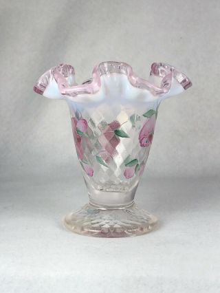 Vintage Fenton Hand Painted Vase Pink Crest Opalescent Diamond Signed D Wright 2