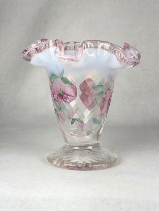 Vintage Fenton Hand Painted Vase Pink Crest Opalescent Diamond Signed D Wright 3