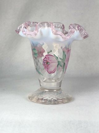 Vintage Fenton Hand Painted Vase Pink Crest Opalescent Diamond Signed D Wright 4