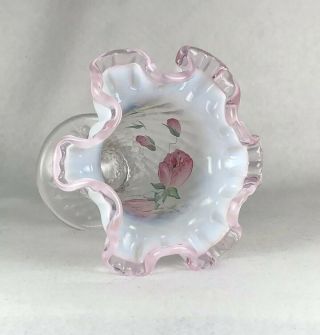 Vintage Fenton Hand Painted Vase Pink Crest Opalescent Diamond Signed D Wright 5