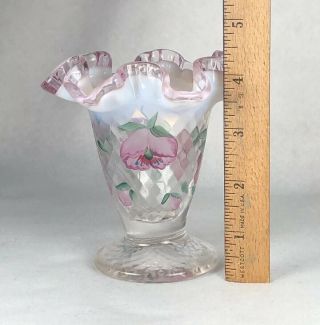 Vintage Fenton Hand Painted Vase Pink Crest Opalescent Diamond Signed D Wright 7