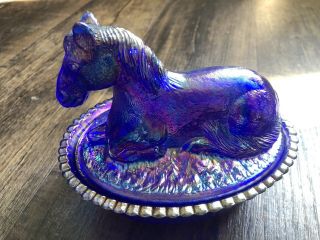 Summit Glass Horse On Nest Covered Dish Rubina Mckee Mold Iridescent Blue Glass